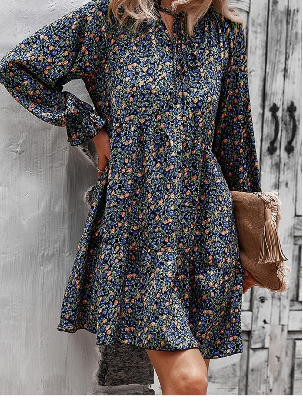 Floral Long Sleeve Mini Dress in Navy Blue - Picture 3 of 6